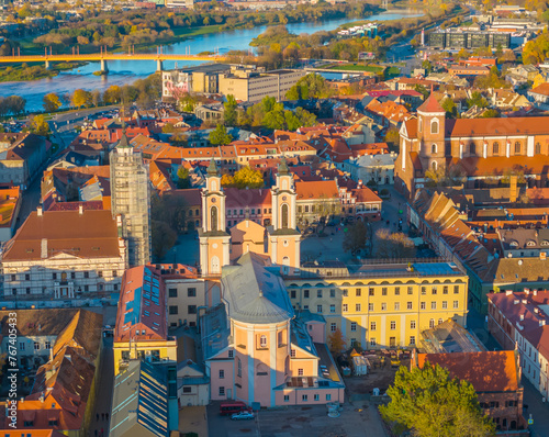 Kaunas old town panorama, Lithuania. Drone aerial view photo of Kaunas city center with many old red roof houses, churches