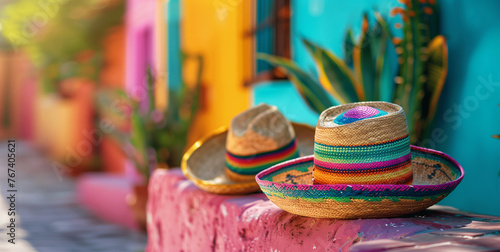 Colorful Mexican sombreros on a vibrant street celebrating Cinco de Mayo © T-elle