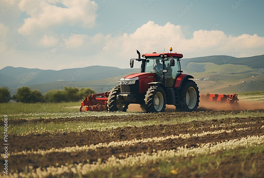 Obraz premium A tractor plowing a field with a plow
