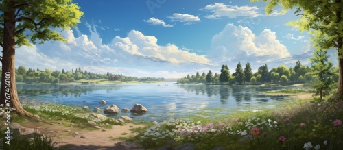 A beautiful art piece depicting a natural landscape with a lake, trees, and grass under a clear sky with fluffy cumulus clouds on a sunny day