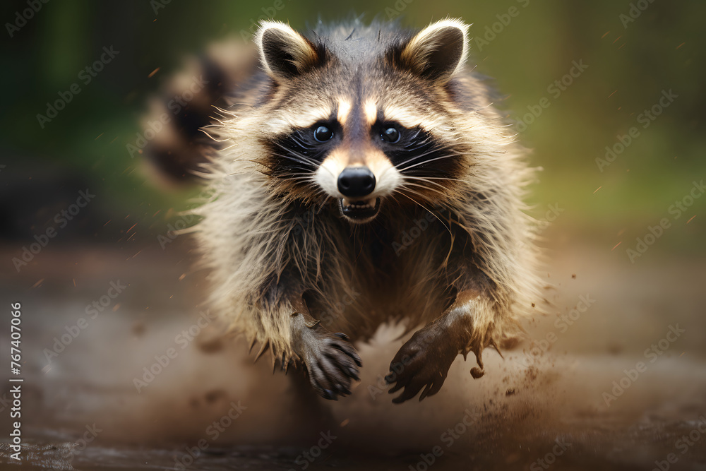 running raccoon with motion blurred background, running raccoon, animal