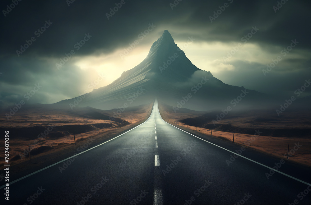 Long road leading to mountain - obrazy, fototapety, plakaty 