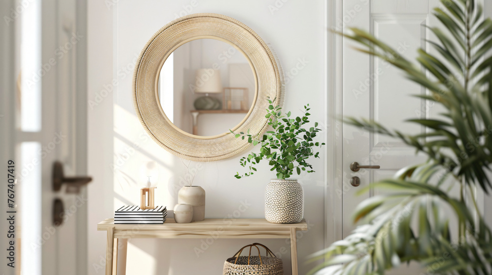 Minimalist entryway with a statement mirror and simple decor. - obrazy, fototapety, plakaty 