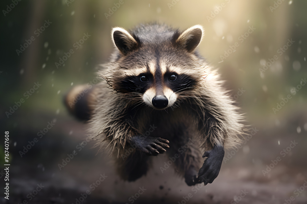 running raccoon with motion blurred background, running raccoon, animal