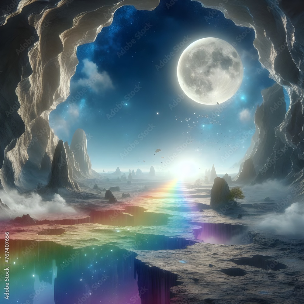 Image of looking through a rainbow crack into the light of the moon.