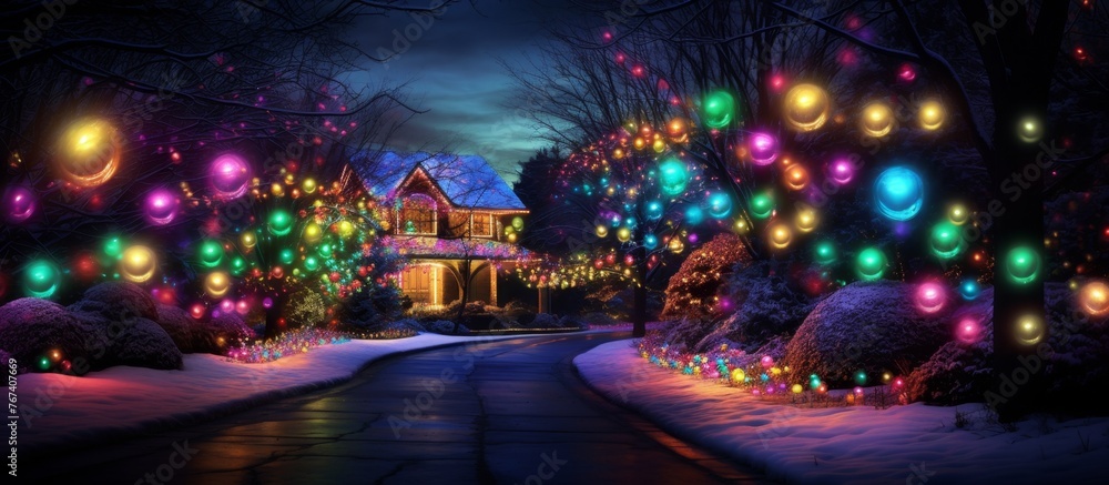 Naklejka premium An artistic representation of a building adorned with purple and magenta Christmas lights at night, set against the backdrop of a vibrant city event