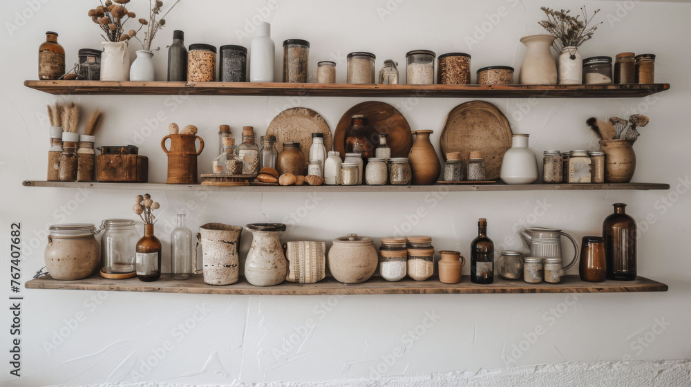  a couple of shelves filled with lots of different types of vases and jars on top of wooden shelves next to each other.