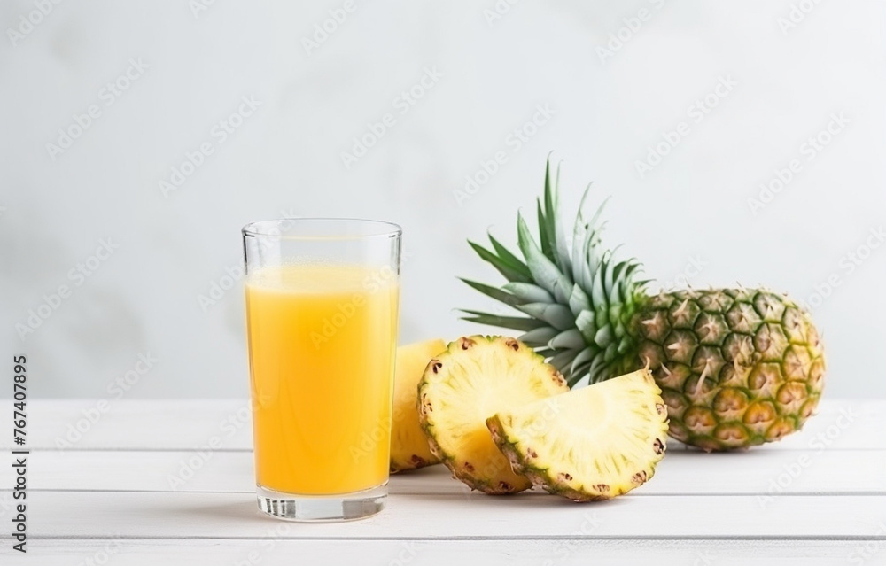 Glass pineapple juice and pineapple slices for healthy breakfast Glass pineapple juice and pineapple slices for healthy breakfast