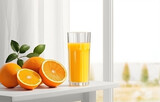 Glass orange juice and orange slices for healthy breakfast on wh
