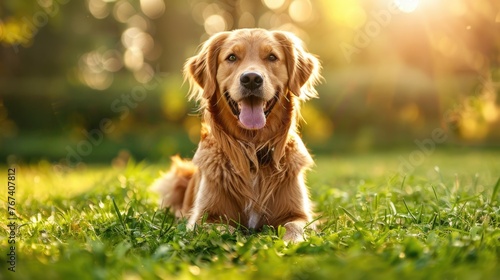 adorable cheerful and smile golden retriever dog is relaxing after running in nature park.