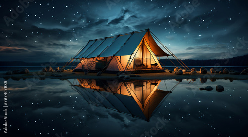 Tent overlooking lake at night