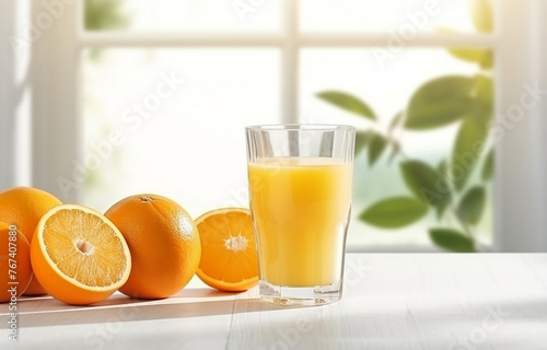 Glass orange juice and orange slices for healthy breakfast on wh