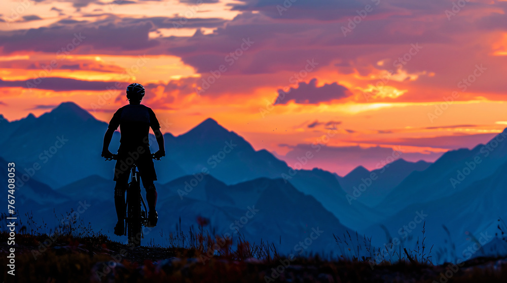 Mountain biker pausing to view the sunrise over the mountains.