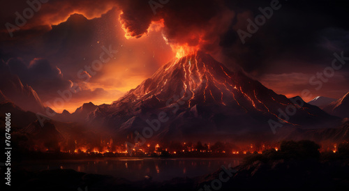 Volcano erupting in night sky