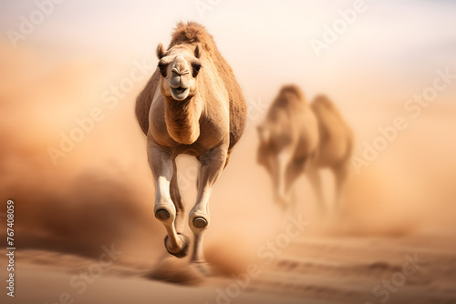 running camel with motion blurred background, running camel, camel on the run
