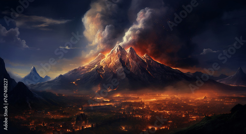 Volcano erupting in cityscape photo