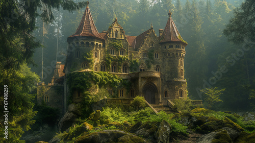 Surrounded by a verdant forest alive with the sounds of nature, a medieval castle sits in silent splendor, its ancient stones and weathered battlements a testament to the passage o