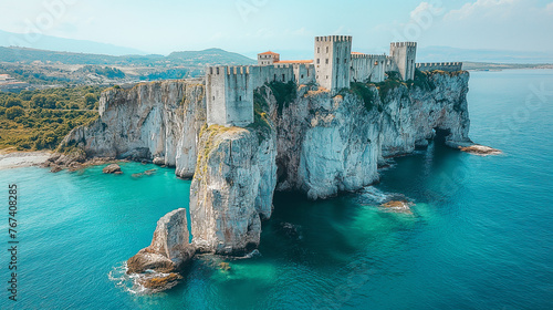 Perched atop a rocky promontory overlooking the sea, a magnificent castle stands as a bastion of strength and resilience against the crashing waves below. With its formidable walls photo