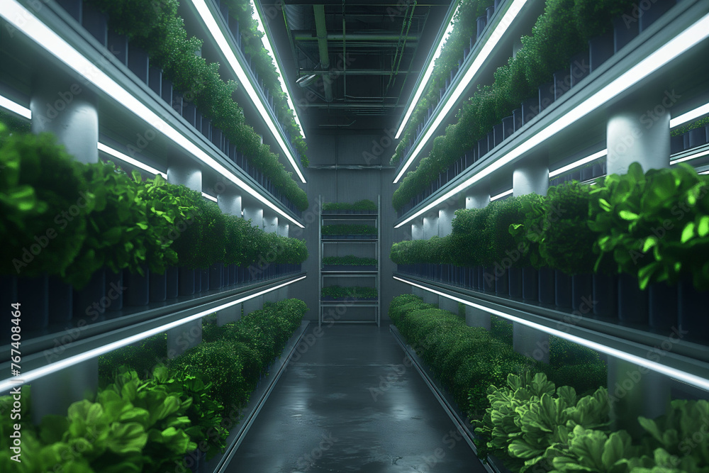 Big Futuristic vertical farm with glowing LED lights, verdant plants line metallic shelves in a dim corridor. Sustainable garden, urban farming.