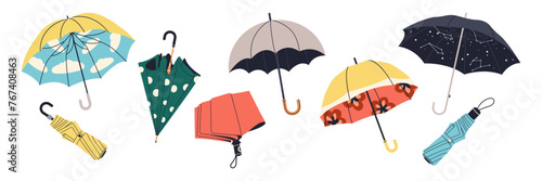 Set of umbrella. Open, closed and folded umbrellas set. Rain protecting accessories with handles of different design, type. Rain protection parasols for rainy weather. 