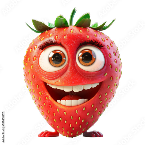A cartoon strawberry with a big smile on its face