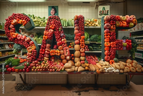 Fruits Creatively Arranged to Spell ‘SALE’ in a Grocery Store