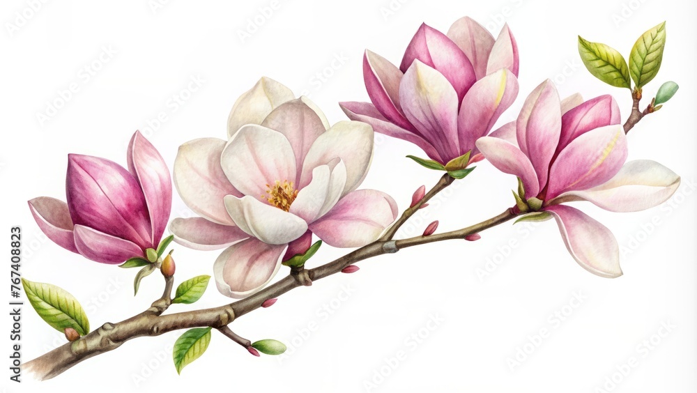 Blooming magnolia branch, close-up isolated on a white background. Blooming magnolia branch, close-up isolated on a white background.