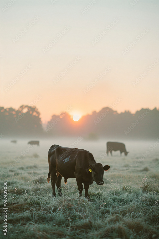 Panorama of grazing cows in a meadow with grass. Sunrise in a morning fog. Livestock grazing, cows in field. Agriculture industry, farming and animal husbandry concept Panorama of grazing cows in a meadow with grass. Sunrise in a morning fog. Livestock grazing, cows in field. Agriculture industry, farming and animal husbandry concept
