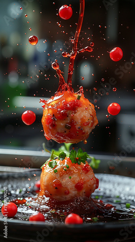 Succulent Glazed Meatballs with Herb Garnish in Mid-Air