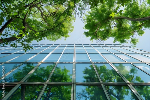 Sustainable glass building with green trees reducing heat and carbon dioxide in a modern urban environment. Concept Sustainable Architecture, Green Building Design, Urban Environment
