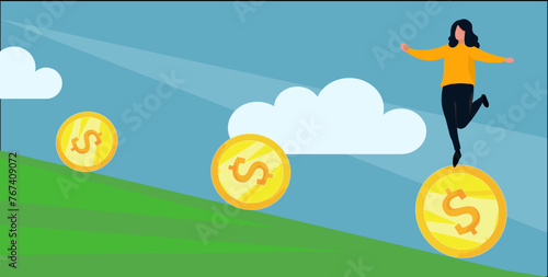woman balancing on coin - financial balance, trying to get out of debt, saving - vector illustration