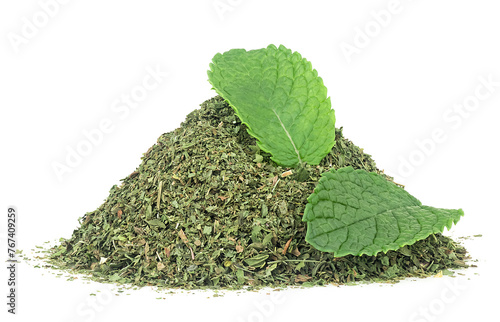 Fresh mint leaves with pile of dried mint isolated on a white background. Natural dried mint herb. Mentha.