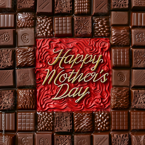 Square shape made of chocolate chunks and buscuits with Happy Mothers day text. photo