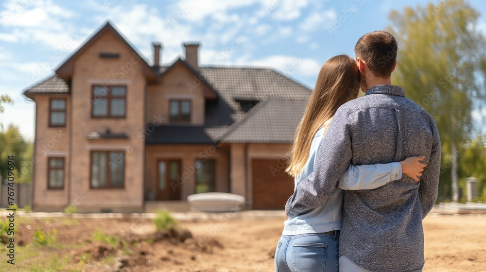 Young couple in front of their new house. Rent and purchase of real estate concept Young couple in front of their new house. Rent and purchase of real estate concept