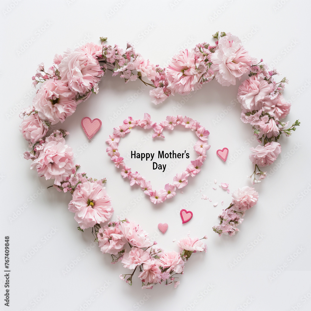 Heart of nature with happy Mothers day text. Love concept. Flat lay.
