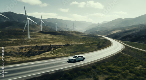 Car driving next to wind turbines