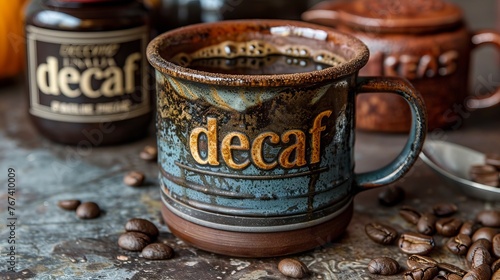 A mug of decaf coffee on a dark brown background, with 