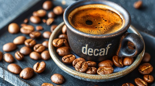 A mug of decaf coffee on a dark brown background, with 