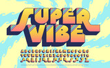 Super Vibe is an alphabet with bold colors, 3d effects and rainbow stripes, in the style of early 1970s pop art.