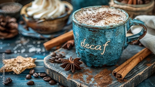 A mug of decaf coffee on a dark brown background, with "decaf" written on the mug.
Concept: healthy lifestyle and caffeine-free drinks, alternatives to classic coffee.