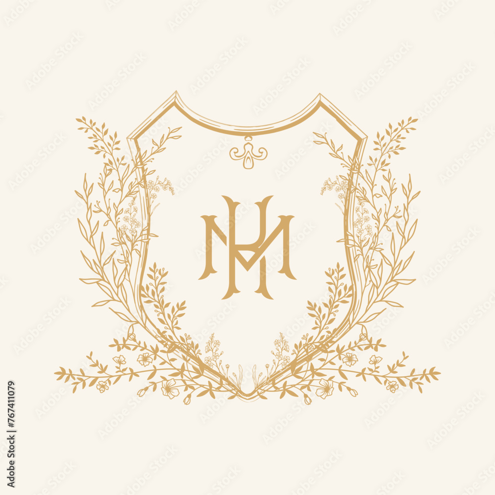 MK initial botanical wedding crest design. Vintage monogram with botanical floral crest design vector illustration.