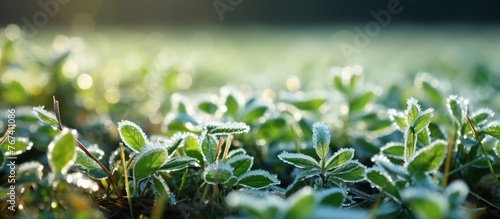 Green grass with hoarfrost in the morning sunlight. Frosty Morning Dew on Green Leaves