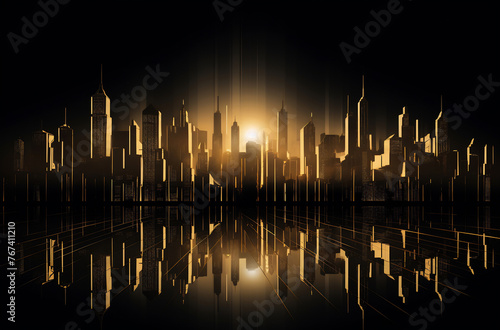 A city skyline with tall buildings in silhouette against a bright sun shining in the background.