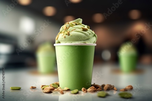 Paper cup of pistachio ice cream