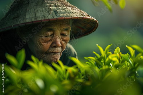 Closeup portrait of an elderly wrinkled Asian woman with closed eyes and in straw hat harvesting tea