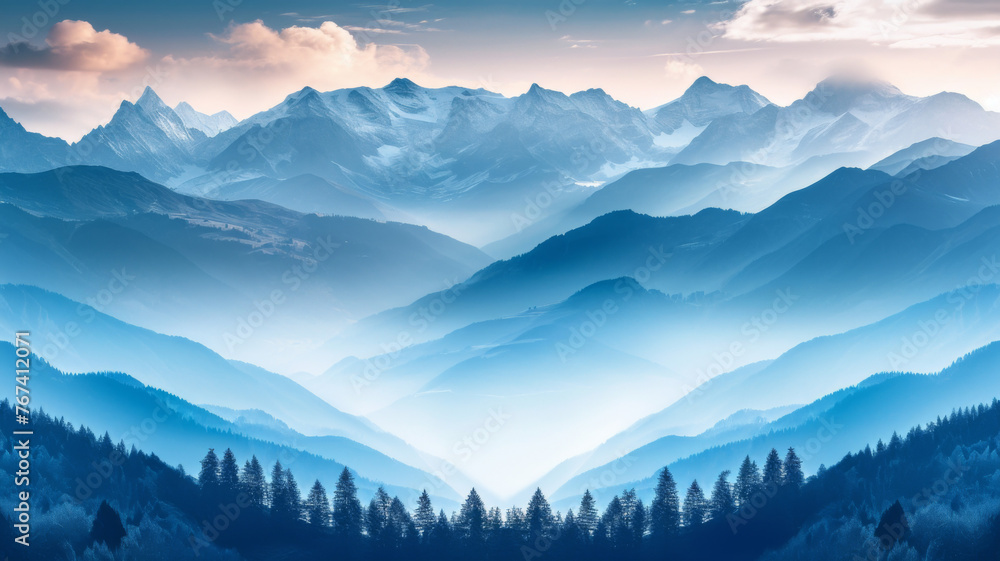 cyan portrait art of A serene summer morning paints the snow-capped mountains with a soft glow, as the dawn sky takes on warm and inviting tones
