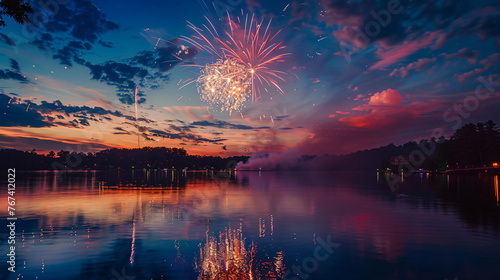 Spectacular fireworks illuminating the night sky over a serene lake on the 4th of July.