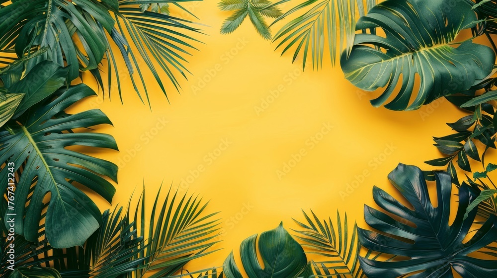 Frame of green tropical leaves on a yellow background, a summer concept. Frame of green tropical leaves on a yellow background, a summer concept.