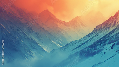 sunrise in the mountains,poster fine art of rough snow covered mountains meeting the fiery hues of dawn