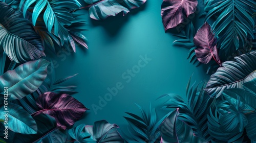 Frame of green and purple tropical leaves on a green background, neon summer concept. photo